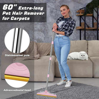 B-Land Carpet Rake for Pet Hair Removal, Reusable Pet Hair Remover with 60” Adjustable Long Handle, Carpet Scraper Dog Cat Hair Remover Tool for Rugs, Mats