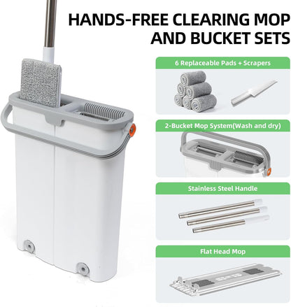 Mop and Bucket Set with Wringer Flat Mop Bucket System for Home Floor Cleaning,6 Reusable Microfiber Pads,Extended Stainless Steel Handle,Ideal for Hardwood,Wood,Laminate Floors,and Bathroom Mop