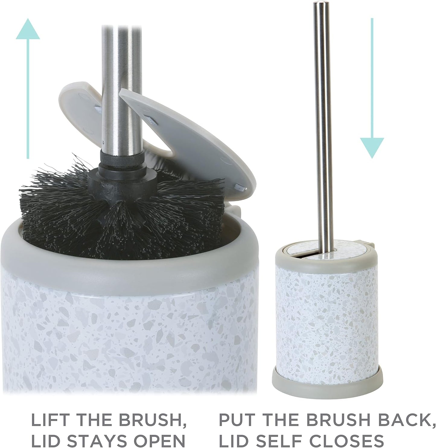 Bath Bliss Toilet Brush and Holder | Self Closing Lid | 360 Degree Brush Head | Bathroom Cleaning | Compact Size | Storage and Organization | Stainless Steel