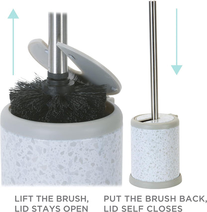 Bath Bliss Toilet Brush and Holder | Self Closing Lid | 360 Degree Brush Head | Bathroom Cleaning | Compact Size | Storage and Organization | Stainless Steel