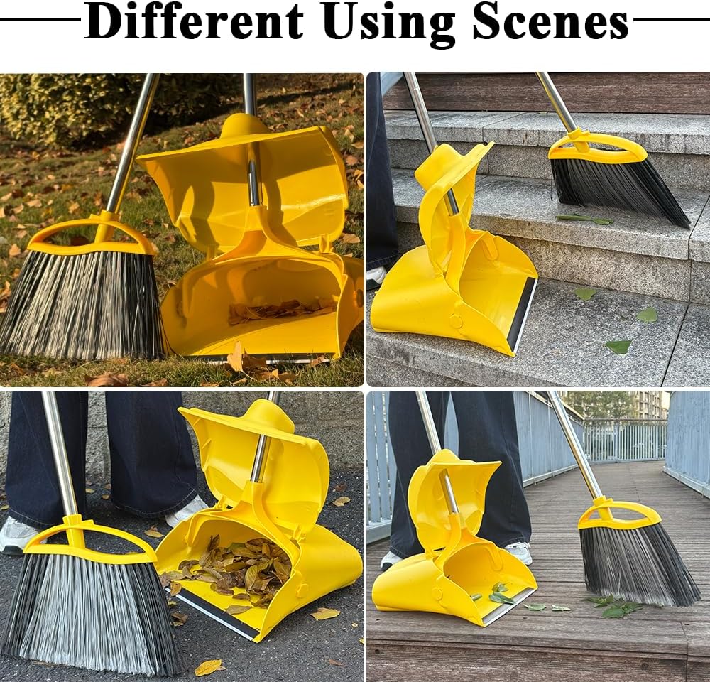 Heavy Duty Outdoor Broom and Dustpan Set - 145CM Extra Long Handle, Stiff Bristles for Tough Debris, Angled Broom Head - Ideal for Garage, Patio, Garden Kitchen House Floor Cleaning