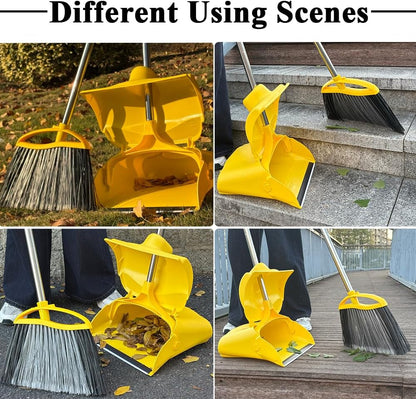 Heavy Duty Outdoor Broom and Dustpan Set - 145CM Extra Long Handle, Stiff Bristles for Tough Debris, Angled Broom Head - Ideal for Garage, Patio, Garden Kitchen House Floor Cleaning