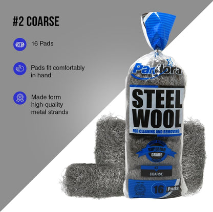 Pandora Steel Wool #2 – Coarse Grade, 16 Pads for Cleaning and Removing - Quality Metal Strands - Ideal to Remove Floor Scuff Marks and Old Wax