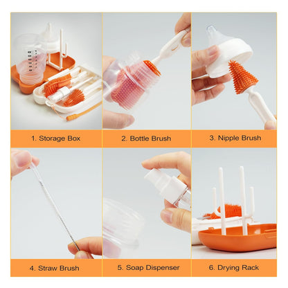 Baby Travel Bottle Brush Set, Baby Bottle Cleaning Kit, Baby Bottle Cleaner Brush Set, 7 in 1, Orange