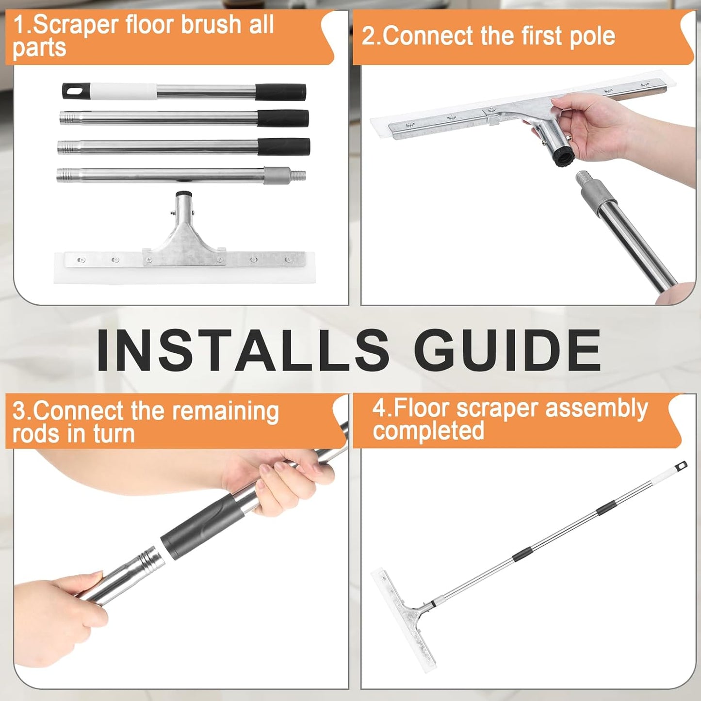Floor Squeegee for Concrete Floor, 16" Large Heavy Duty Squeegee for Floor, Rubber Broom with 61" Long Handle - Ideal for Bathroom Tile, Garage Concrete, Deck, Shower Glass, Window Cleaning