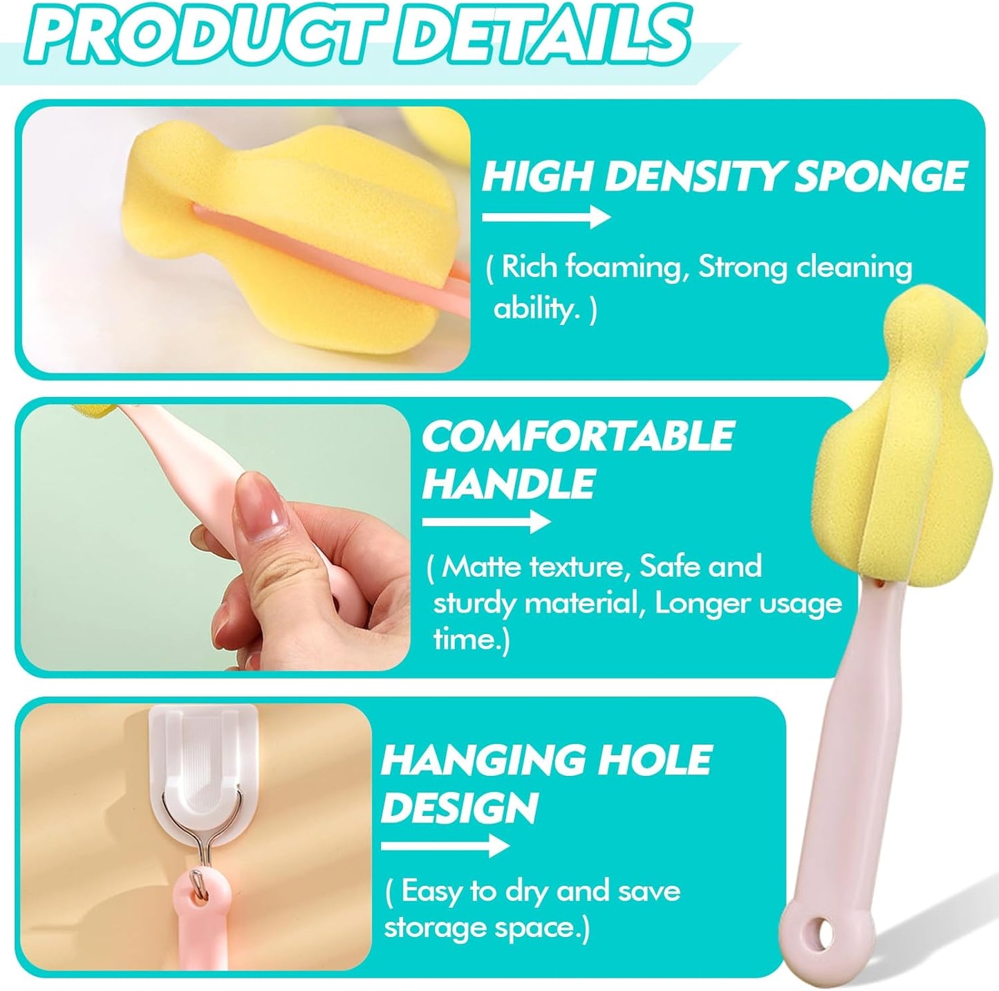Bottle Brush Sponge Cup Brush Set with 4 Replacement Brush Head Portable Long Handle Water Bottle Cleaner Brush, for Baby Bottles Vacuum Flasks (4 Brushes + 4 Heads)