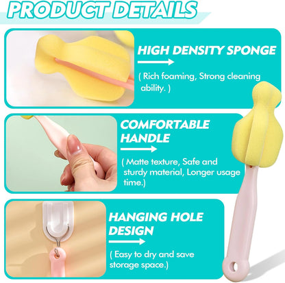 Bottle Brush Sponge Cup Brush Set with 4 Replacement Brush Head Portable Long Handle Water Bottle Cleaner Brush, for Baby Bottles Vacuum Flasks (4 Brushes + 4 Heads)
