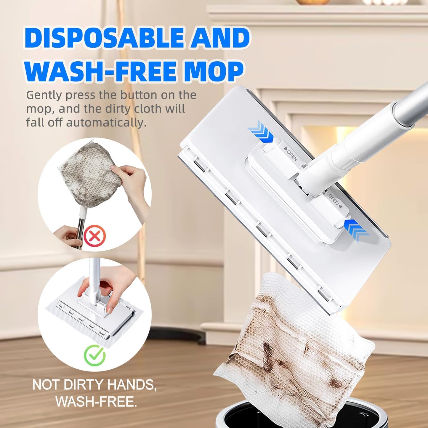 Snap-Grip Mini Mop with 39in Handle — INWEJIA Zero-Touch Gap Dust Cleaner & Locking Head, Disposable Lazy Mop Wet and Dry for Kitchen Bathroom Toilet Corners Window Wall Cleaning