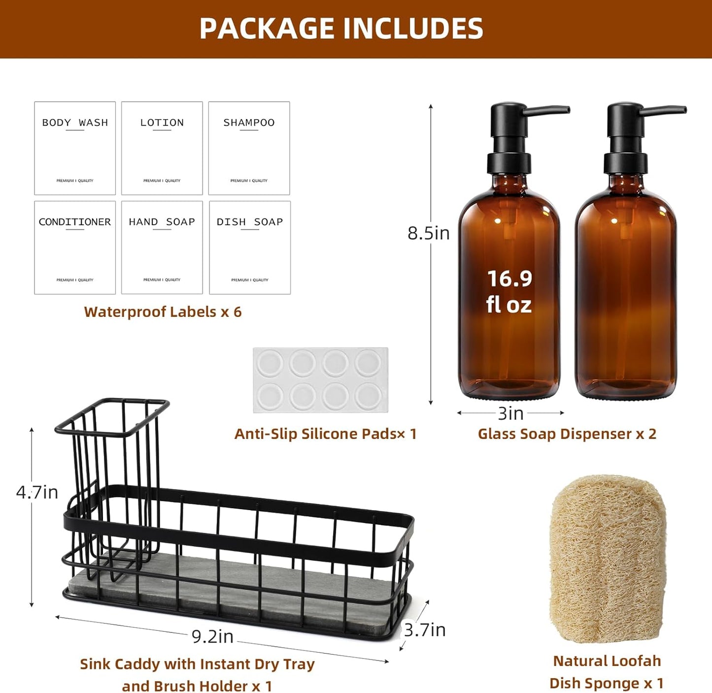 Dish Soap Dispenser for Kitchen, 16.9 fl oz Amber Hand and Dish Soap Dispensers, Kitchen Soap Dispenser Set with Sponge Holder, Brush Holder and Loofah Sponge, Countertop Sink Organizer Accessories