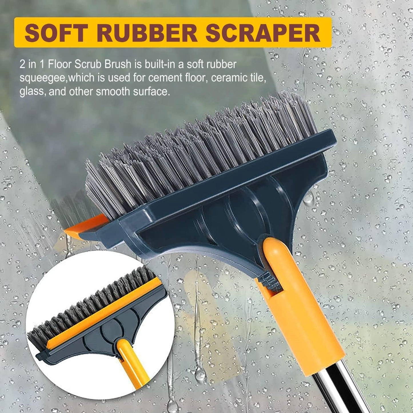2 in 1 Cleaning Scrub Brush Grout Brush Scrapee 3 Poles 47.6'' Floor Scrub Brush with Long Handle V-Shape Stiff Bristle Brush Scrubber with Squeegee 120°Rotate Shower Cleaning Brush for Bathroom Glass
