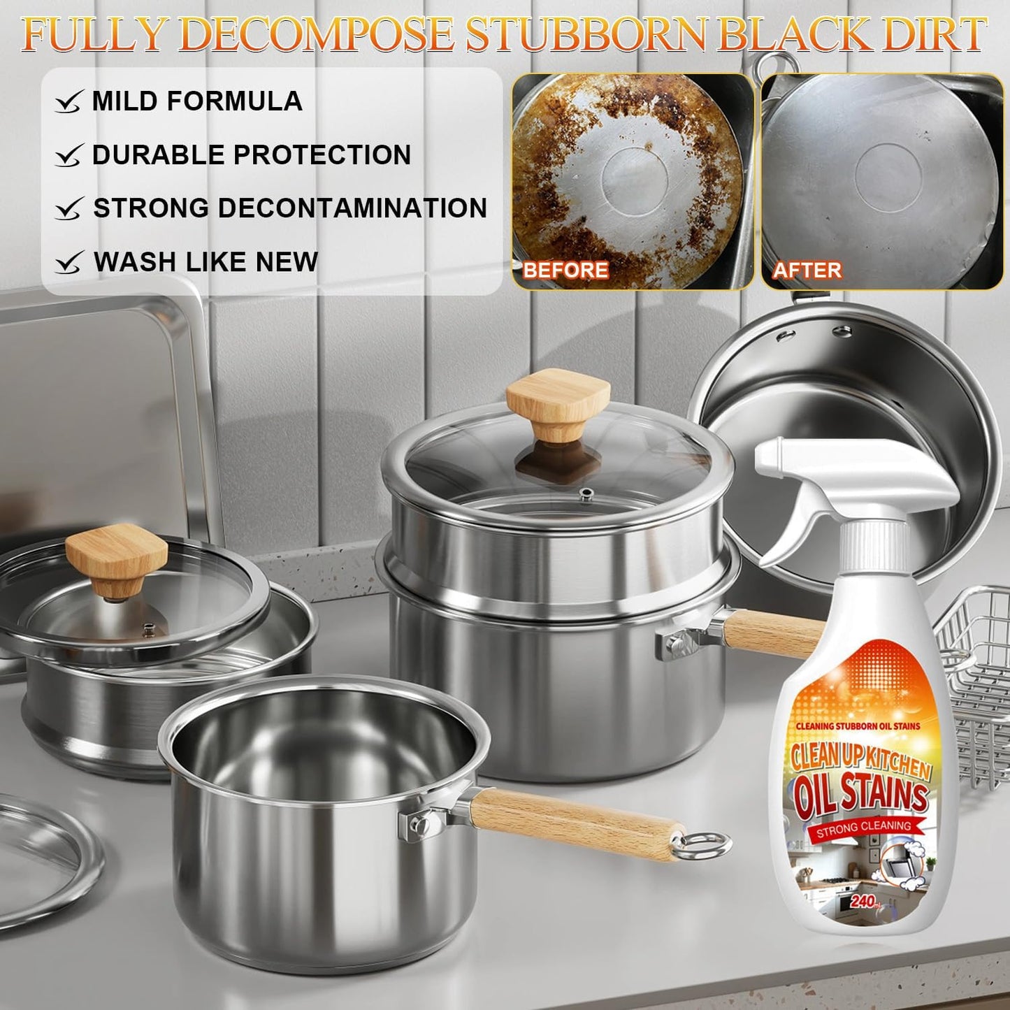Clean Up Kitchen Oil Stains Spray,Kitchen Spray Cleaner,All-Purpose Cleaning Spray for Kitchens,Multi-purpose Oils Stain Cleaner,Clean Up Kitchens Oil Stains (240ml)