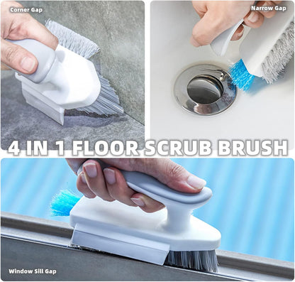 Cleaning Brushes 4-in-1 Floor Scrub Brush with Squeegee V-Shape Gap Scrub Brush Tile Grout Cleaner Brush Corner Crevice Scrubber Baseboards Brush Tool Groove Brush Multi-purpose Scrubbing Tools, Green