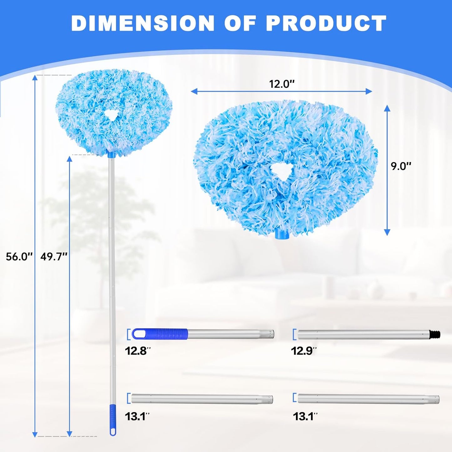 Ceiling Fan Cleaner Duster Reusable Microfiber Ceiling Fan Blade Cleaner Removable Duster with Extension Pole Adjusts 13 to 49.7 Inch for Cleaning Walls Bookshelves Furniture Door Window Top (Blue)