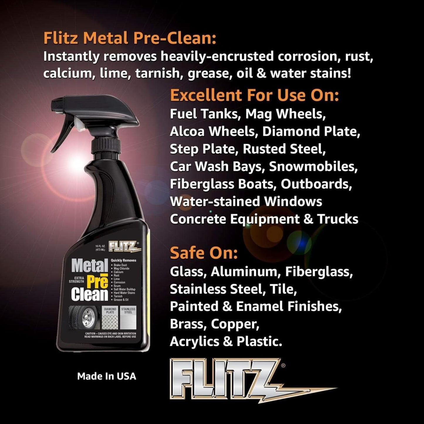 FLITZ Metal Pre-Clean - 16oz of USA-Made Stainless Steel Cleaner Spray - Works on Aluminum, Brass, Copper, & More - Tarnish, Rust Remover for Metals - Non-Abrasive Aluminum Deoxidizer (1 Pack)