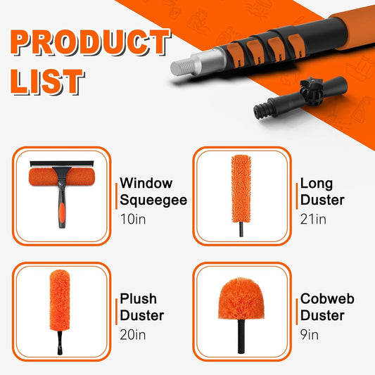SISUPASSIE 30FT Reach High Ceiling Duster Kit, Window Cleaning kit with 5-24FT Extension Pole, Fan Duster for Ceiling Fan Blades, Microfiber Feather Duster, Rotatable Window Squeegee and Cobweb Duster