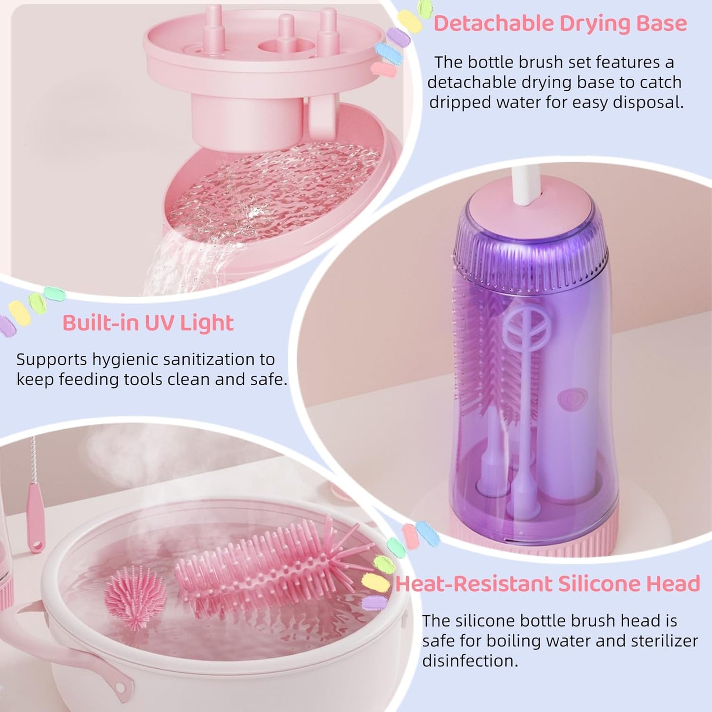 Portable Electric Silicone Bottle Brush Set, 7-in-1 UV Light USB Charging, Nipple/Straw Cleaner, Milk Mixer, Built-in Drying Rack & Storage Case, BPA-Free, IPX7, On-the-Go for New Parents (Mint)
