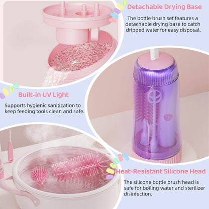 Portable Electric Silicone Bottle Brush Set, 7-in-1 UV Light USB Charging, Nipple/Straw Cleaner, Milk Mixer, Built-in Drying Rack & Storage Case, BPA-Free, IPX7, On-the-Go for New Parents (Mint)