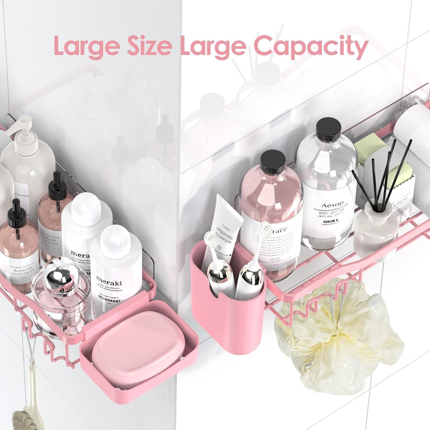 NESOMI Shower Caddy Adhesive Shower Organizer 7-Pack, Rustproof Stainless Steel Bathroom Shelves, Large Capacity No-Drill Rack Storage Accessories with Soap Dish Toothbrush Holder &24 Hooks Home Decor