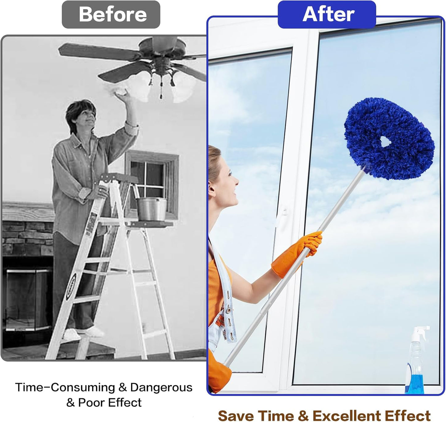 Ceiling Fan Cleaner Duster Reusable Microfiber Ceiling Fan Blade Cleaner Removable Duster with Extension Pole Adjusts 13 to 49.7 Inch for Cleaning Walls Bookshelves Furniture Door Window Top (Blue)