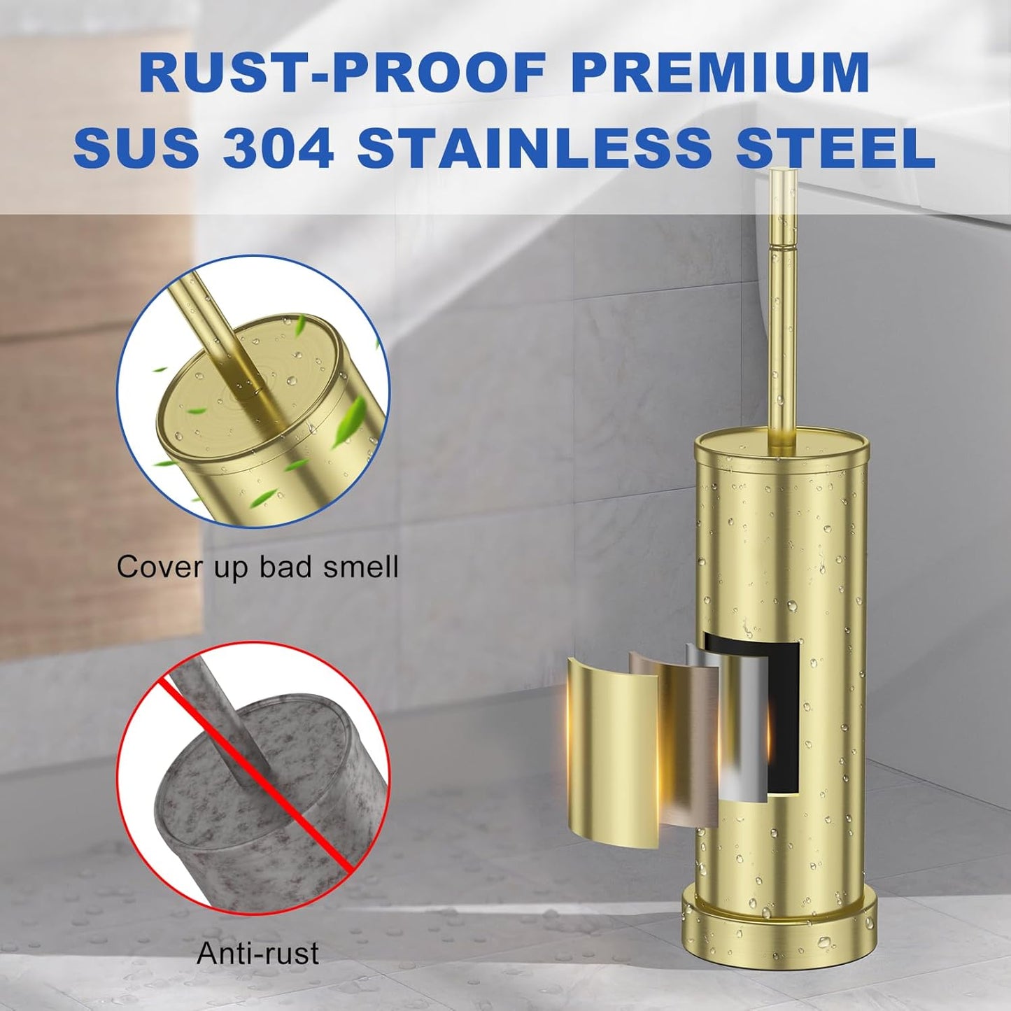 Toilet Brush and Holder Set: 304 Stainless Steel Heavy Duty Toilet Bowl Brush and Holder with Removable Inner Bowl and Splash Protection, Modern Long Handle Bathroom Cleaning Tool