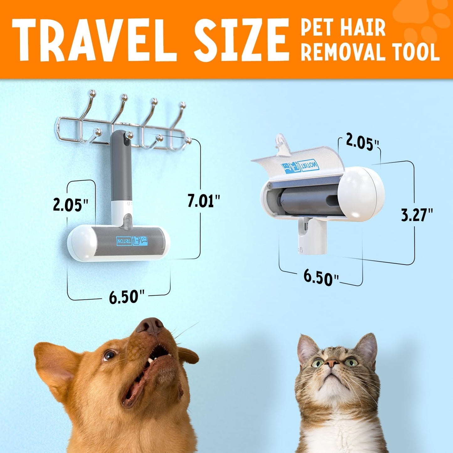 Triton Pet Hair Removal Tool w/Fur Trapping Compartment and Detachable Handle, 60% Smaller Storage Size, Reusable Shedding Roller, Cat and Dog Hair Remover for Car, Furniture, Carpet (Gray/White)