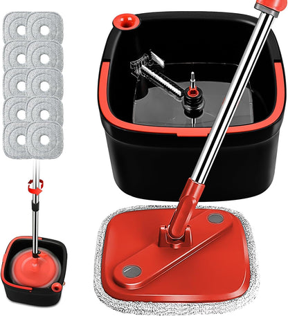 Spin Mop and Bucket Set with Self Separation Dirty and Clean Water System Self Wringing 360° Rotating Clean Mop-Head for Hardwood Tile Marble Floors (Mop Set with 6 Pads)-Grey
