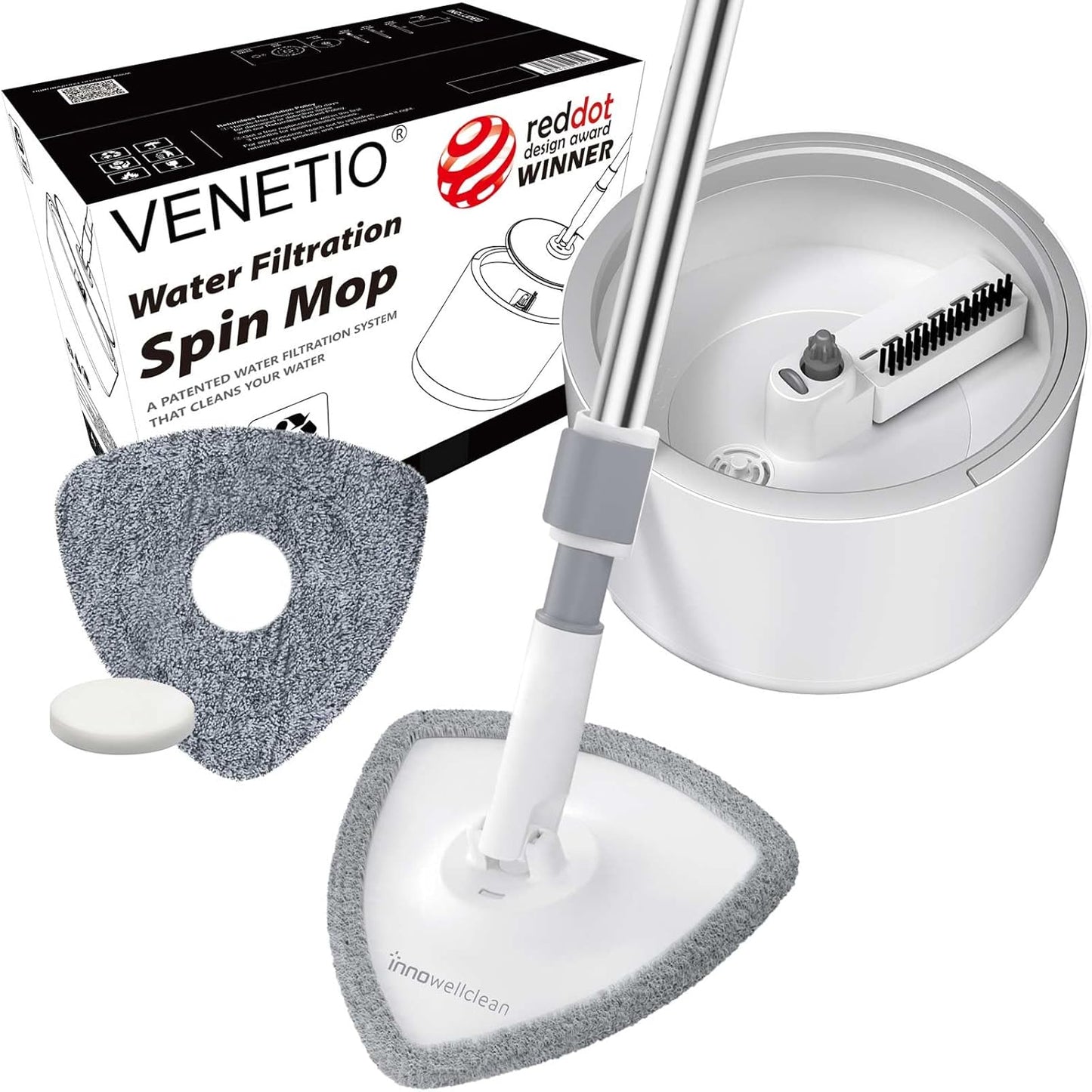 VENETIO Innowellclean Microfiber Spin Mop and Bucket Set with Patented Water Filtration System - Deep Self Cleaning/Dry/Wet All-In-One Floor Mop for Home Hardwood, Tile - Ideal for Pet Owners (2 Pads)