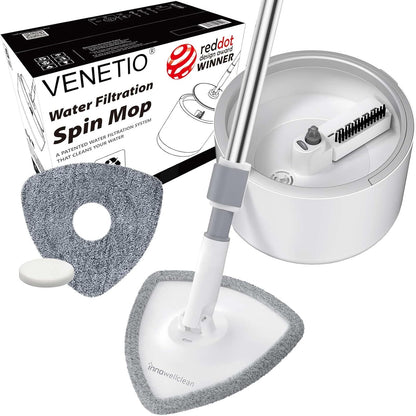 VENETIO Innowellclean Microfiber Spin Mop and Bucket Set with Patented Water Filtration System - Deep Self Cleaning/Dry/Wet All-In-One Floor Mop for Home Hardwood, Tile - Ideal for Pet Owners (2 Pads)