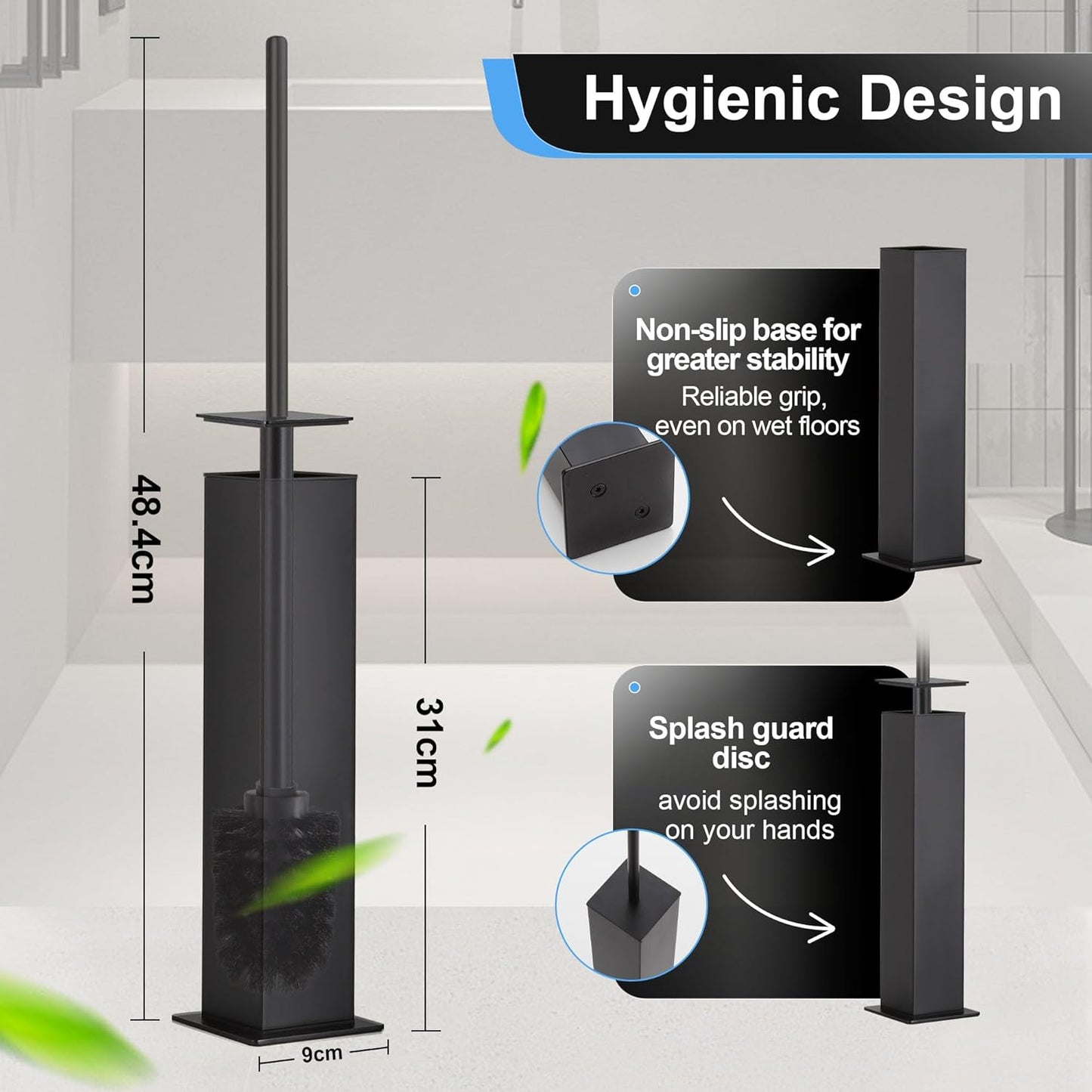 BVL Toilet Brush and Holder Set Brushed Nickel Stainless Steel 304 Square Freestanding Toilet Brush for Bathroom