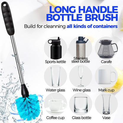Holikme Bottle Brush Cleaner Set, 14" Long Handle Stainless Steel Bottle Cleaner Brush, 3 Straw Cleaner Brush, Bottle Cleaning Brush for Water Bottle, Cups, Abrasive Wheel Brushes, Straws Black
