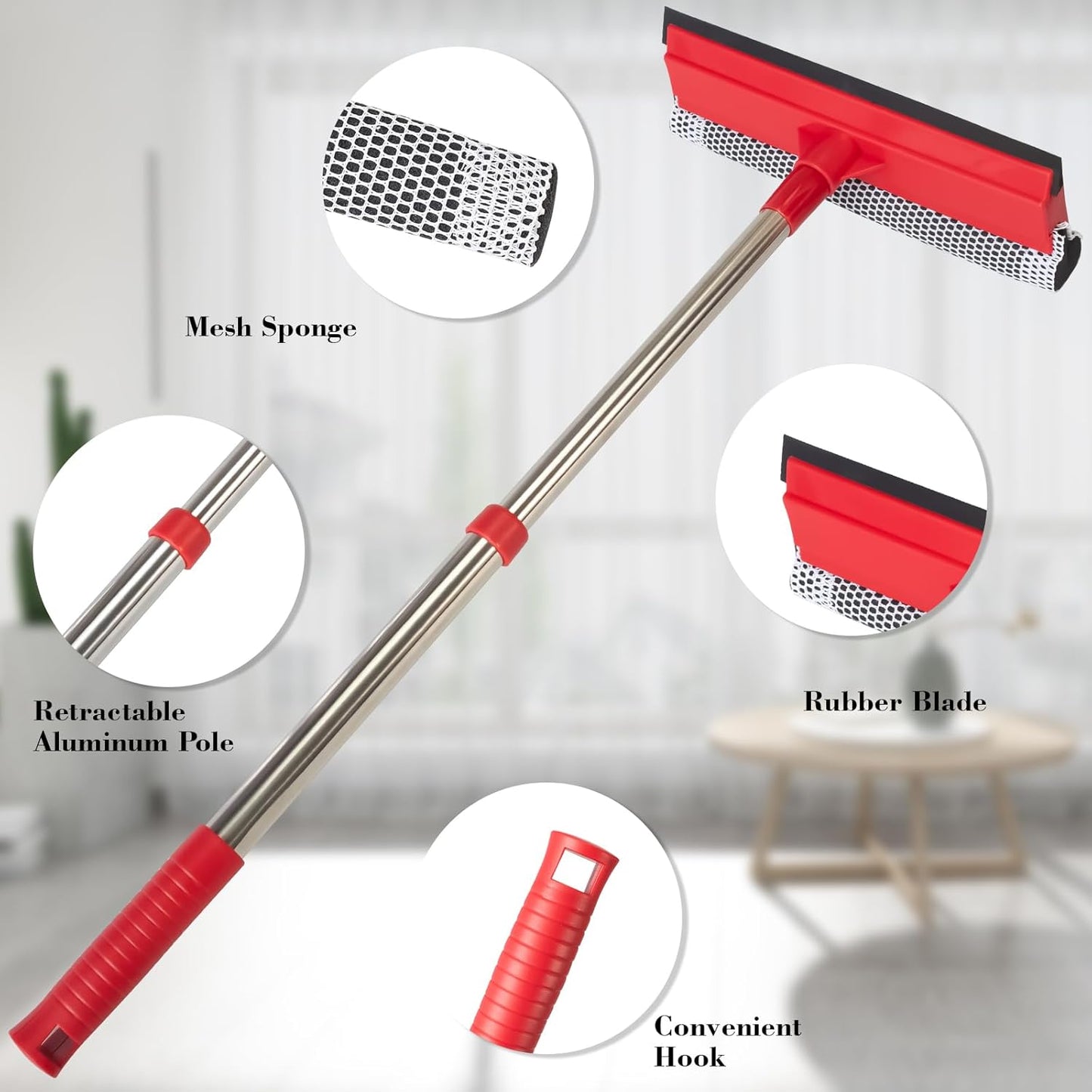 Window Squeegee with 15.7"-27.5" Retractable Stainless Steel Handle, 2-in-1 Windshield Cleaner Tool for Cars, Trucks, Glass Doors, Shower Glass, Outdoor Windows – Window Cleaner (Red)