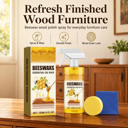Beeswax Wood Polish Spray, 120ml Furniture Polish and Wood Cleaner Spray with Sponge and Towel, Beeswax Furniture Polish for Cabinets, Tables, Chairs, Doors and Finished Wood Surfaces (1set)