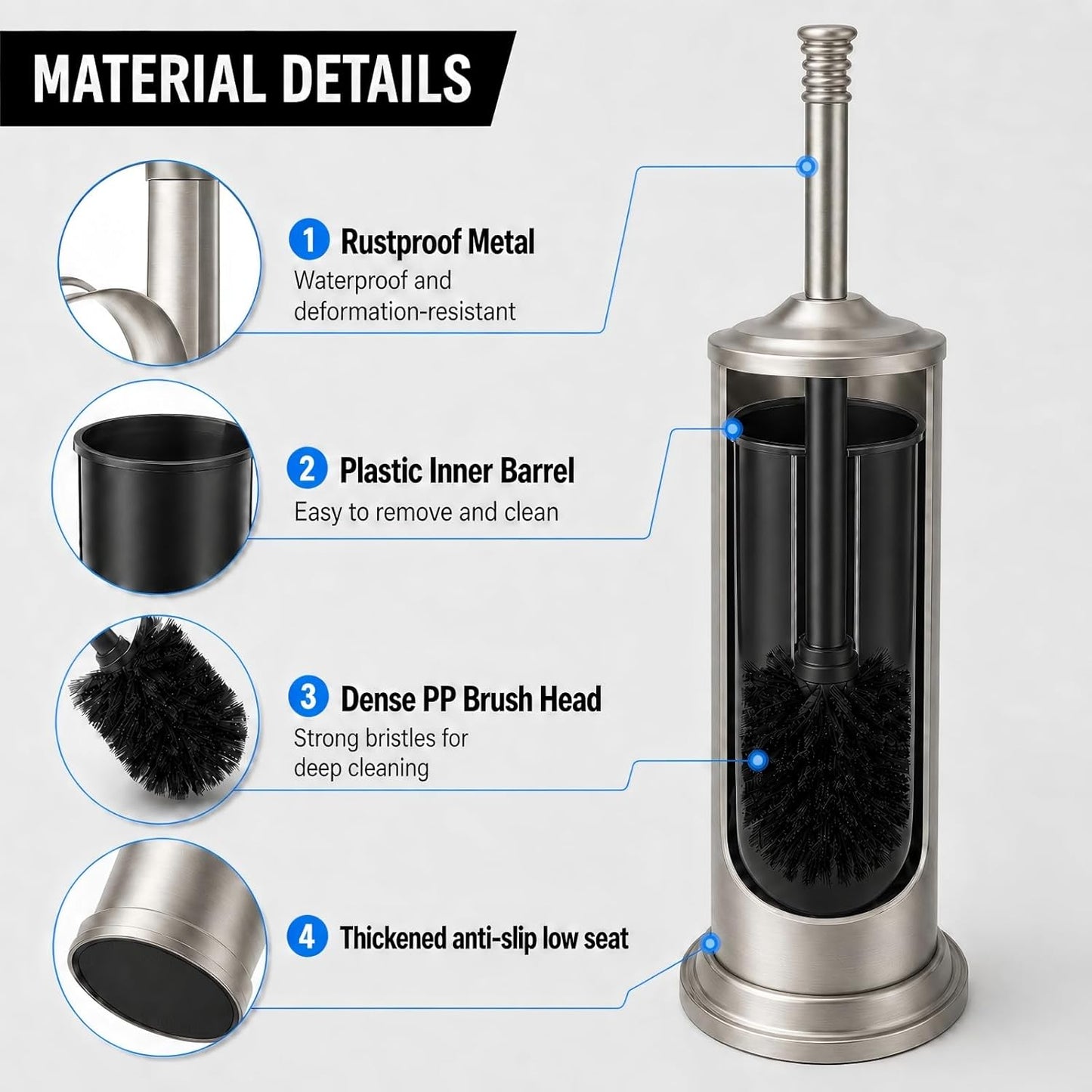 Black Toilet Brush and Holder Set，Extra Long Handled Toilet Bowl Brush and Holder，Stainless Steel Heavy Duty Toilet Brush for Bathroom,Deep Cleaning Modern Toilet Cleaner Slip Base