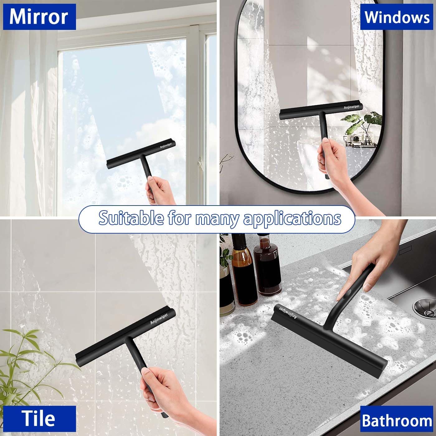 Silicone Shower Squeegee with Hook, Bathroom Squeegee for Shower Glass, Squeegee for Shower Doors, Mirror and Window, Shower Squeegee for Tile Shower Walls(10 inch, White & Gray)