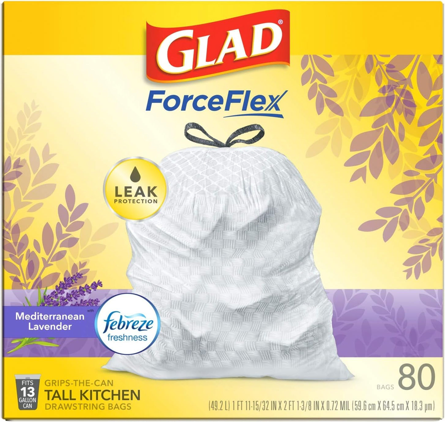 Glad ForceFlex Tall Kitchen Trash Bags, 13 Gal, Gain Lavender with Febreze, 110 Ct (Pack May Vary)