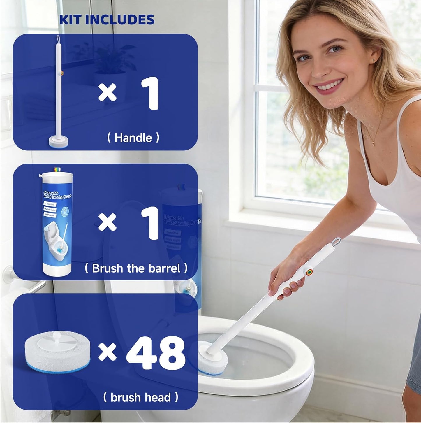 Disposable Toilet Cleaning Brush Kit with 48 Refill Heads, Long Handle Deep Clean Toilet Brush, All in One Bathroom Toilet Cleaner System for Household Apartment Daily Bathroom Cleaning
