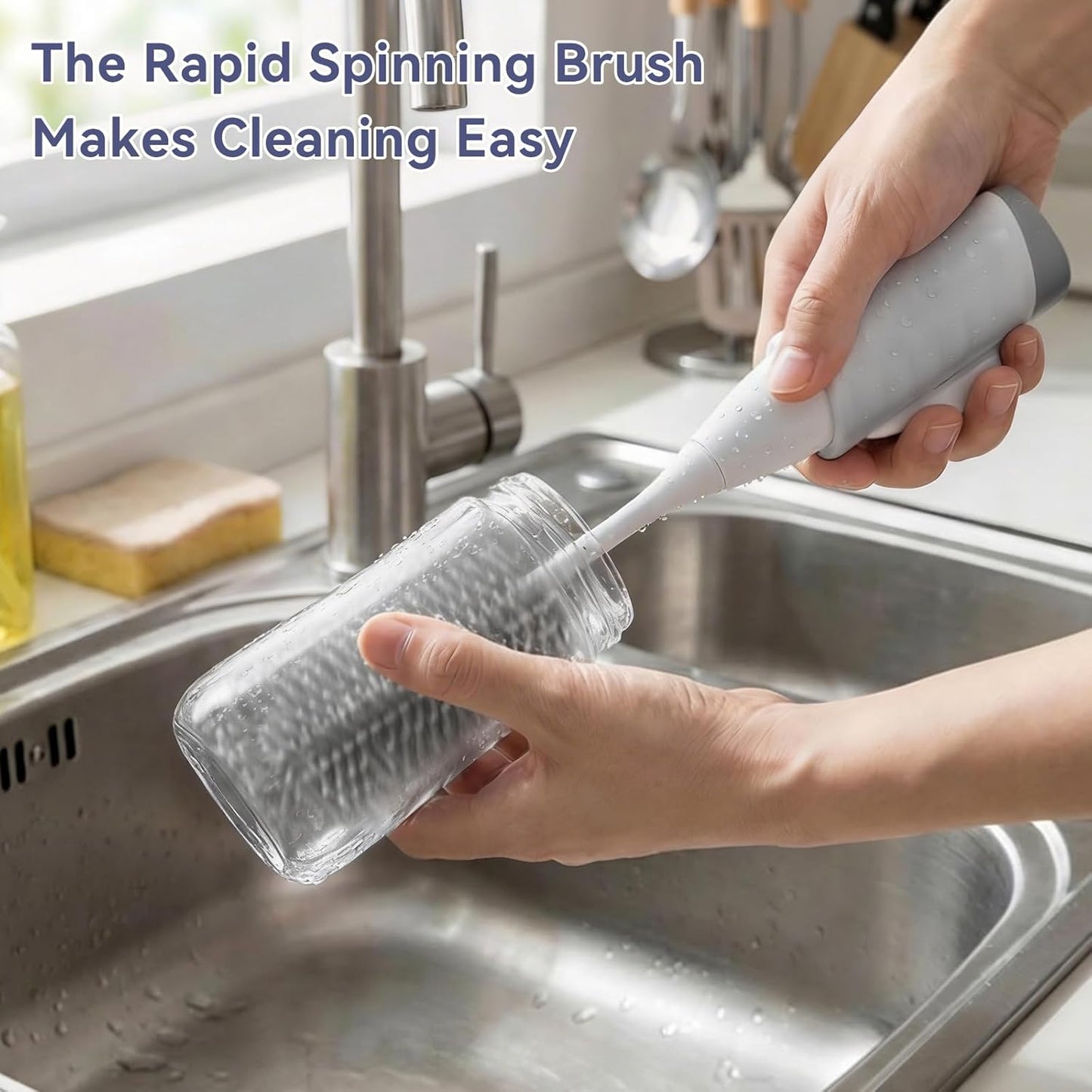 Baby Bottle Brush Set, Innovative Efficient Press-to-Spin Brush Cleaner - Includes Silicone Bottle Brush, Nipple Brush, Straw Cleaner - Spinning Generates Rich Foam for Deep Cleaning, Blue