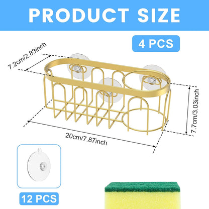 2Pcs Sponge Holder for Kitchen Sink, Gold Suction Cup Caddy, No-Drilling & Easy to Remove, 304 Stainless Steel, Heat-Resistant Sponge and Brush Holder, Bathroom Safe, Fit for Sponge/Soap/Dish Cloth