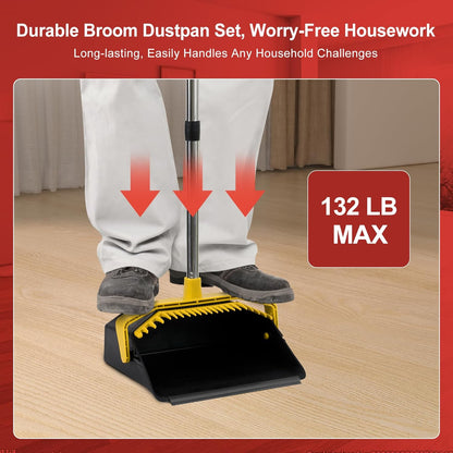 Tiumso Upgrade Broom with Dustpan Combo Set, Broom and Dustpan Set with 51'' Long Handle, Dust Pan and Brooms, ZeroGap Lip, Self-Cleaning Dustpans Teeth for Lobby Kitchen Restaurant - Black and Red