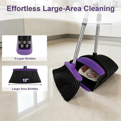 Broom and Dustpan Set, Upright Purple Broom with Dustpan Combo Set 51" Long Handle, Self Cleaning Dust Pan for Home, Kitchen and Office