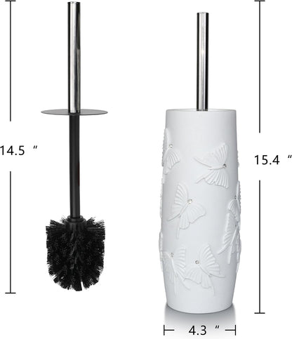 White Floral Branches Design Resin Toilet Bowl Brush and Holder Set, Elegant Bathroom Cleaning Tool with Durable Bristles, Compact and Functional