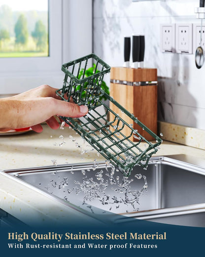 Consumest Sink Caddy, Kitchen Sponge Holder with Dish Brush Holder, Kitchen Organizer with Drip Tray for Countertop, Stainless Steel Rustproof - Silver