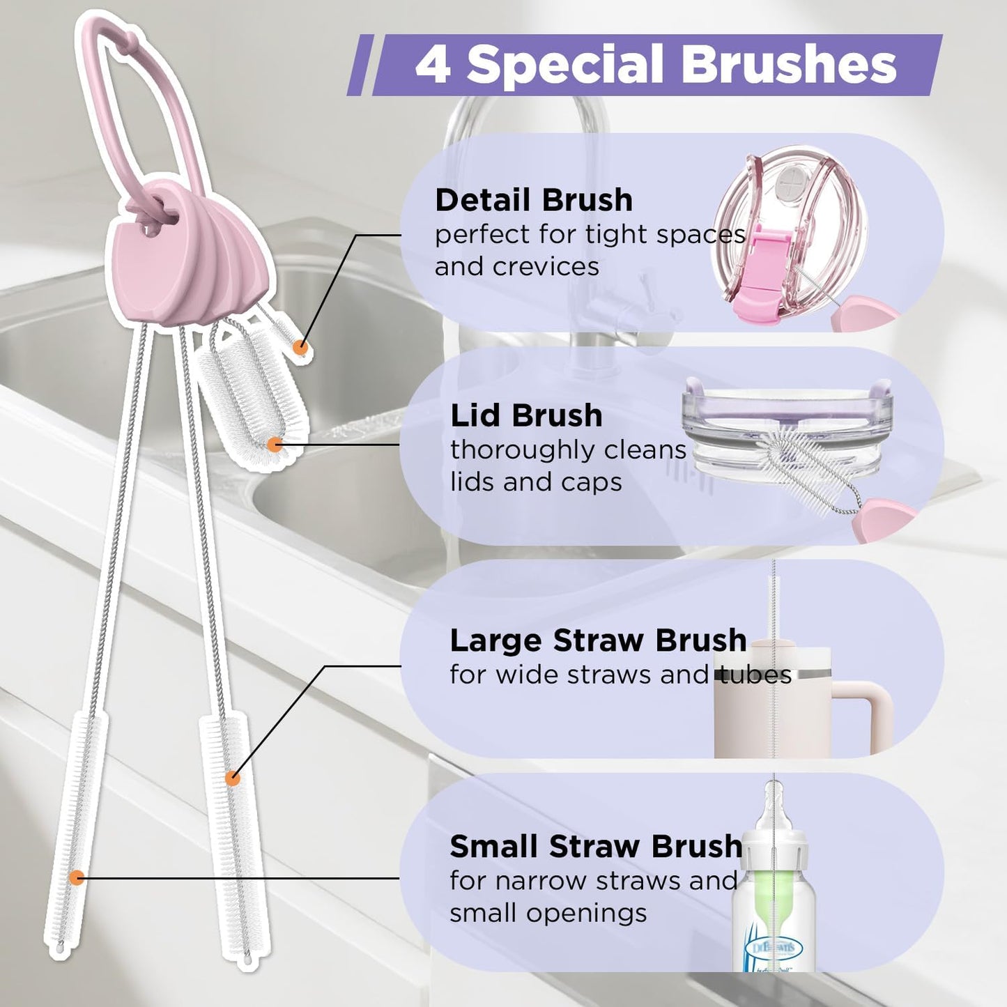 Straw Cleaner Brush Set for 𝗦𝘁𝗮𝗻𝗹𝗲𝘆, Baby Bottles and Sippy Cups,4 in 1 Standing & Hanging Cleaning Set with Holder Ring – Reusable Cleaner for Cup Lids, Spouts and More.(Purple)