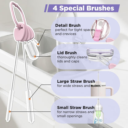 Straw Cleaner Brush Set for 𝗦𝘁𝗮𝗻𝗹𝗲𝘆, Baby Bottles and Sippy Cups,4 in 1 Standing & Hanging Cleaning Set with Holder Ring – Reusable Cleaner for Cup Lids, Spouts and More.(Purple)