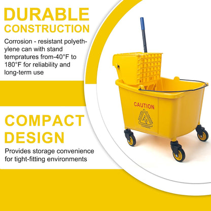 Kefanta 35 Qt Side Press Wringer Combo Commercial Mop Bucket on Wheels Set,Yellow,Include 1 Heavy Duty Industrial Mop for Floor Cleaning and Wet Floor Caution Sign