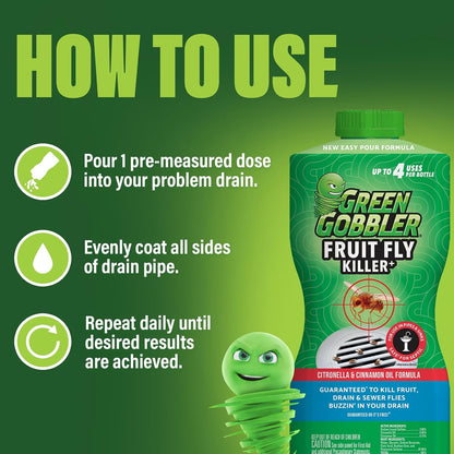 Green Gobbler Fruit Fly Killer+ - Kills Fruit Flies, Drain Flies & Sewer Flies, Gel Treatment for Use in Sinks & Pipes - Safe for Septic Systems, 32oz - Up to 8 USES (2 Pack)