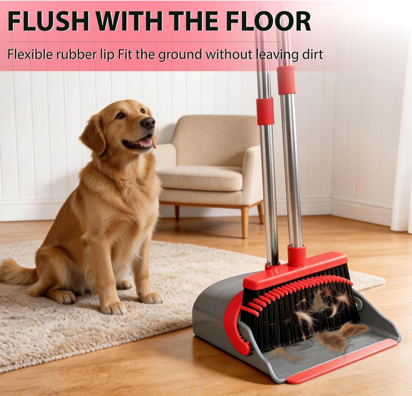 YZO Broom and Dustpan Set, 54.33 Inch Long Handle Standing Design, Dustpan Front Rubber Tight Seal, Broom with 5 Layer Bristles, Suitable for Living Room, Bedroom, Yard, Office and Apartment(Green)