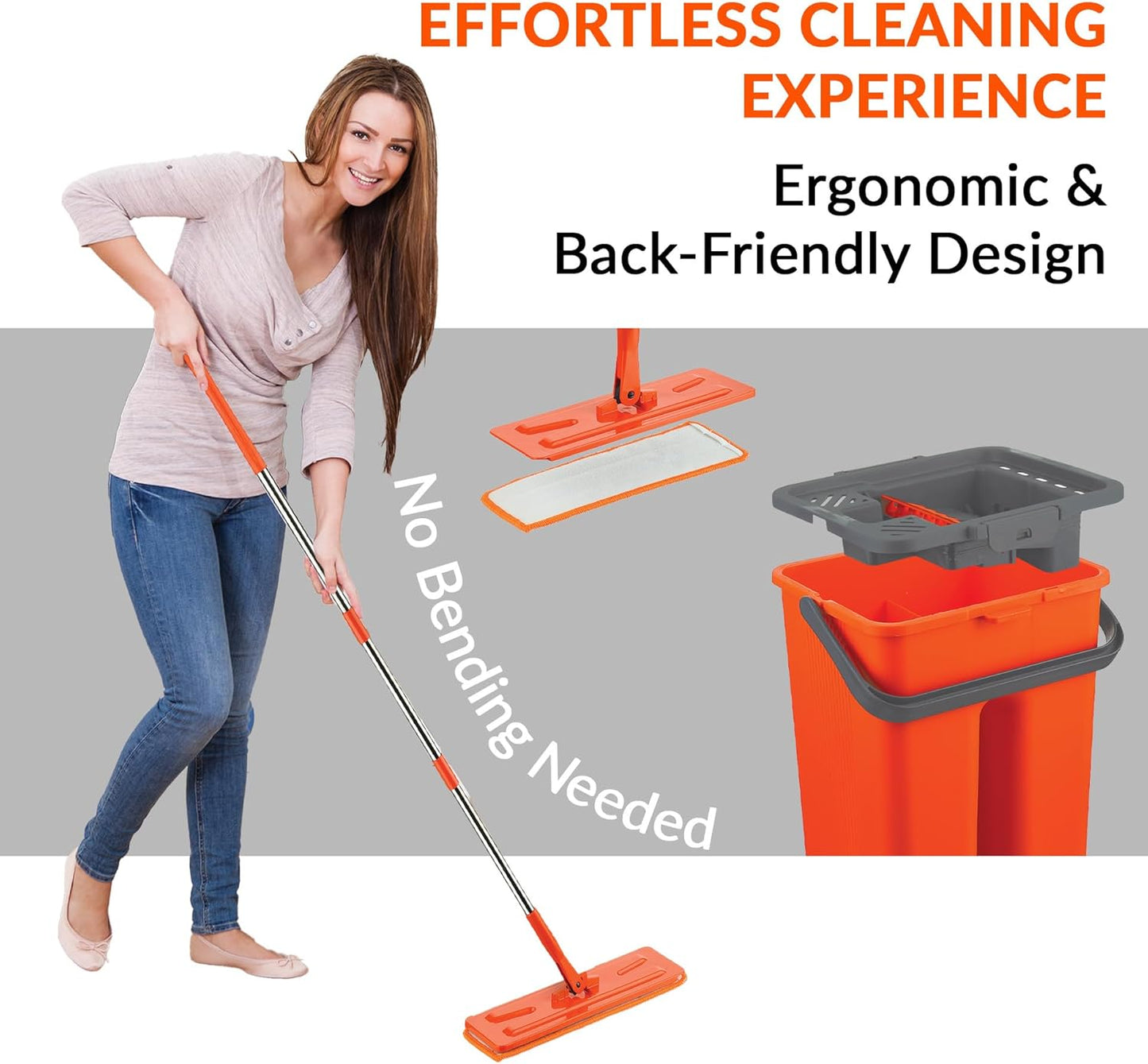 Macromax Flat Mop and Bucket Set – 100% Microfiber Mop with Dual Wet & Dry Use – Slim Design for Corners & Under Furniture – Easy-Squeeze Bucket for Hardwood, Tile & Laminate Floors