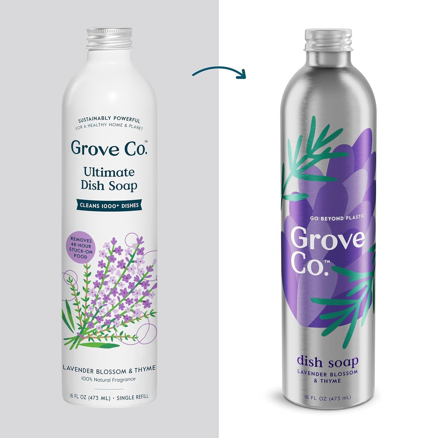 Grove Co. Ultimate Dish Soap Refills (3 x 16 Fl Oz) Removes 48-hr Stuck-on Food and Grease, Plastic Free Cleaning Products, 100% Natural Lavender Blossom & Thyme Fragrance, 1 pack