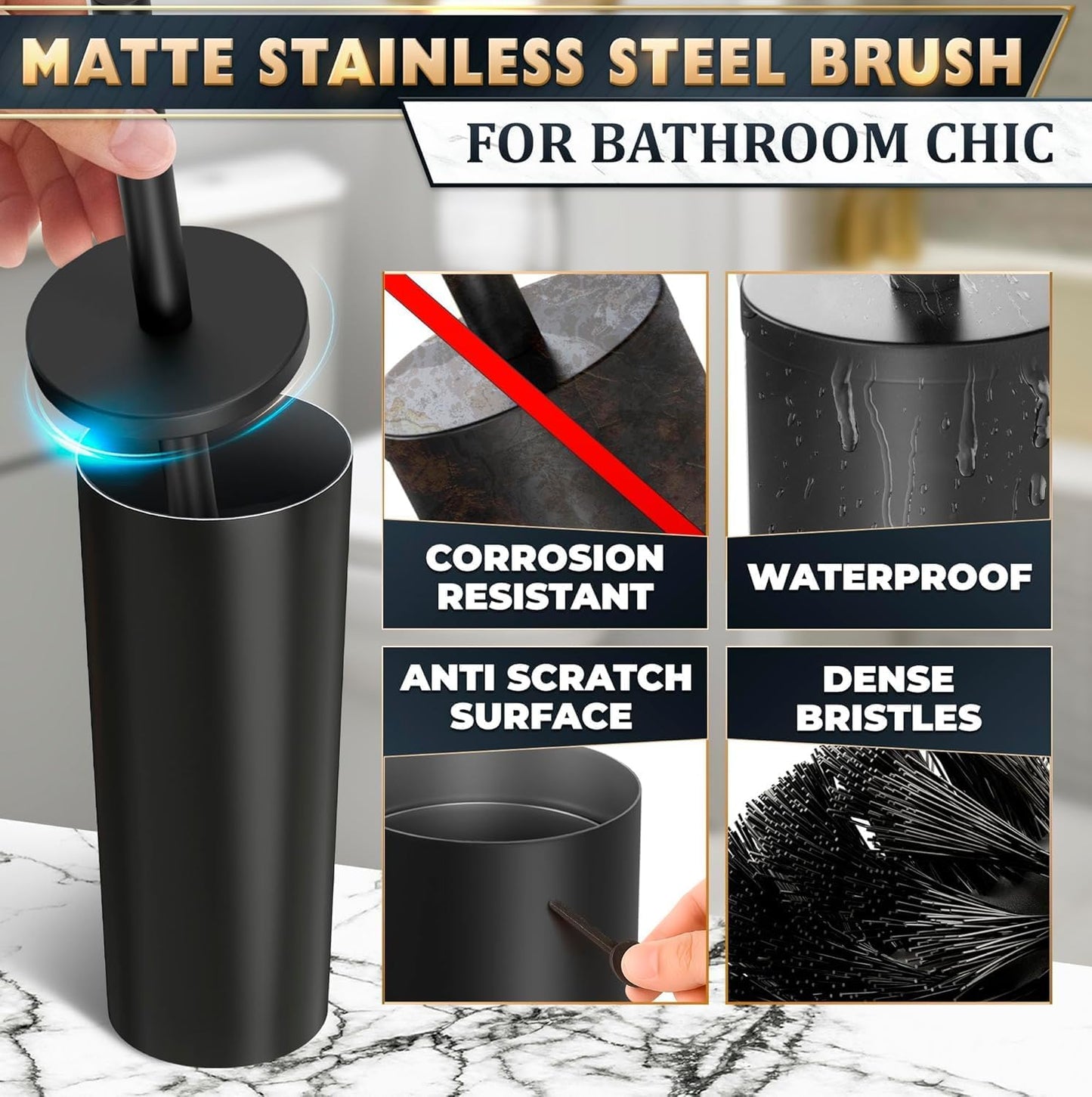 Stylish Stainless Steel Toilet Brush and Holder Set - Silver Toilet Bowl Brush and Holder with Splash Cover, Sturdy Bristles, Corrosion & Scratch Resistant - Elegant Design, Effective Deep Cleaning